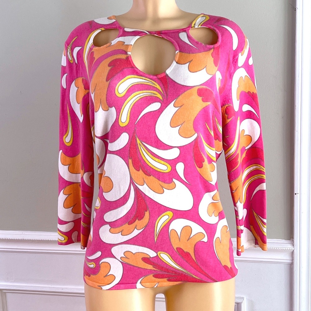 Venini Abstract Psychedelic Cutout Sweater XL Womens 3/4 Sleeve Pink Retro Mod